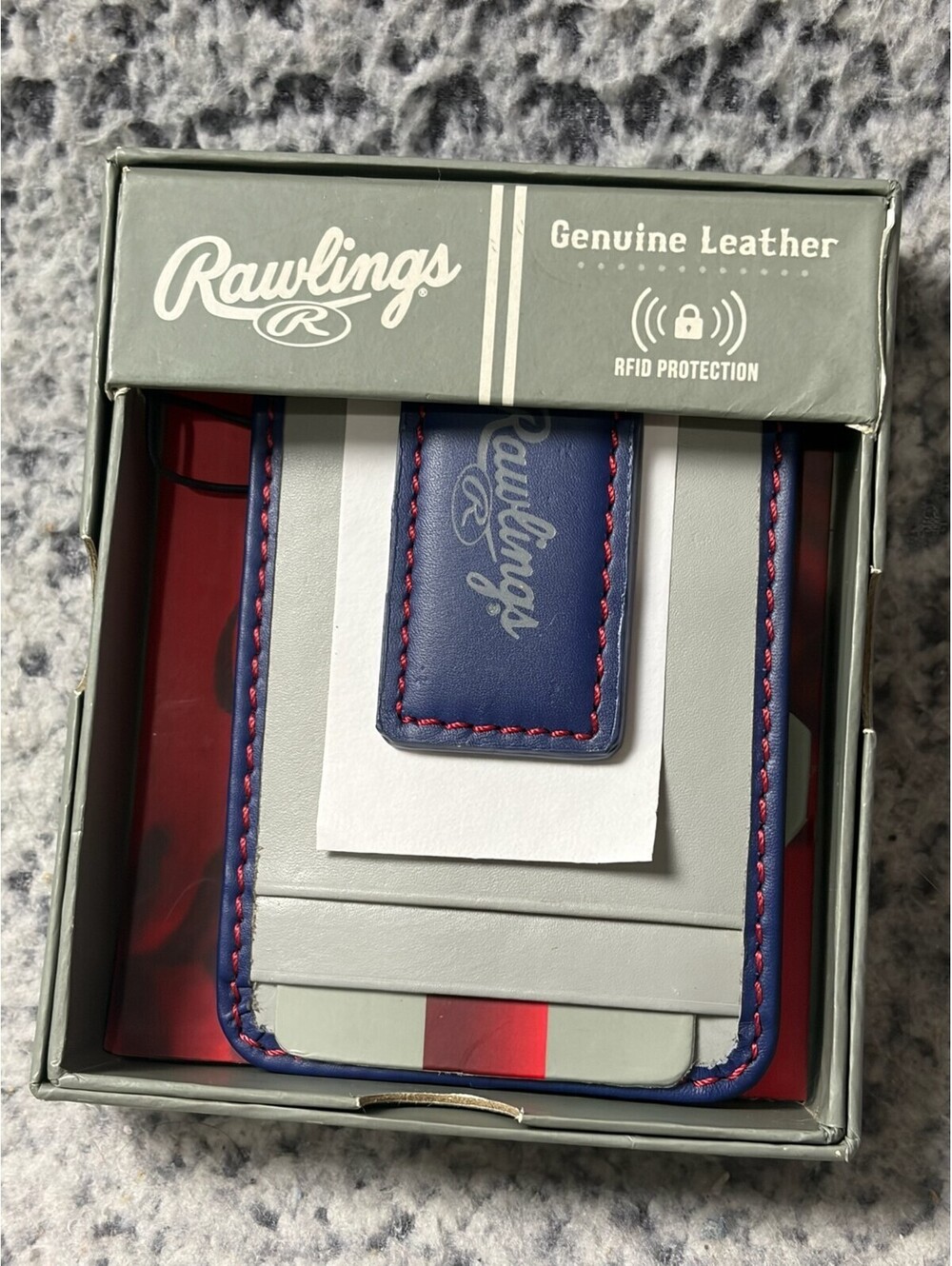 Rawlings Baseball Stitch Front Pocket Wallet Gray Blue Leather RFID RS10083 NWT